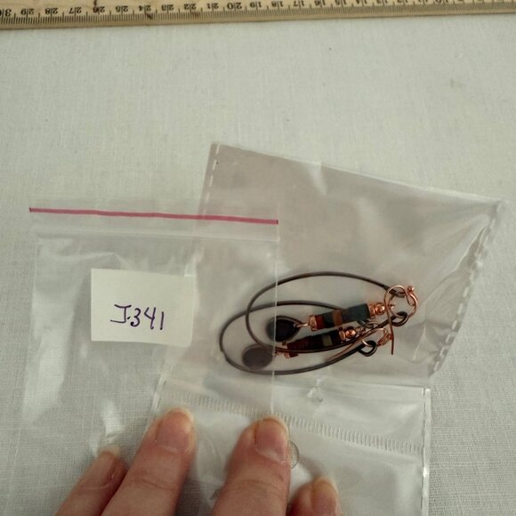 Copper Drop Hoop Teardrop Earrings Multicolor Beads Boho Earthy Indie Artistic - Picture 8 of 8